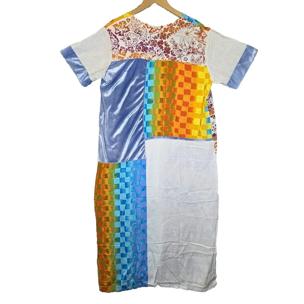 VTG‎ George Miko 2 Bali Emerald Patchwork Dress Rayon Batik Art To Wear Boho LG